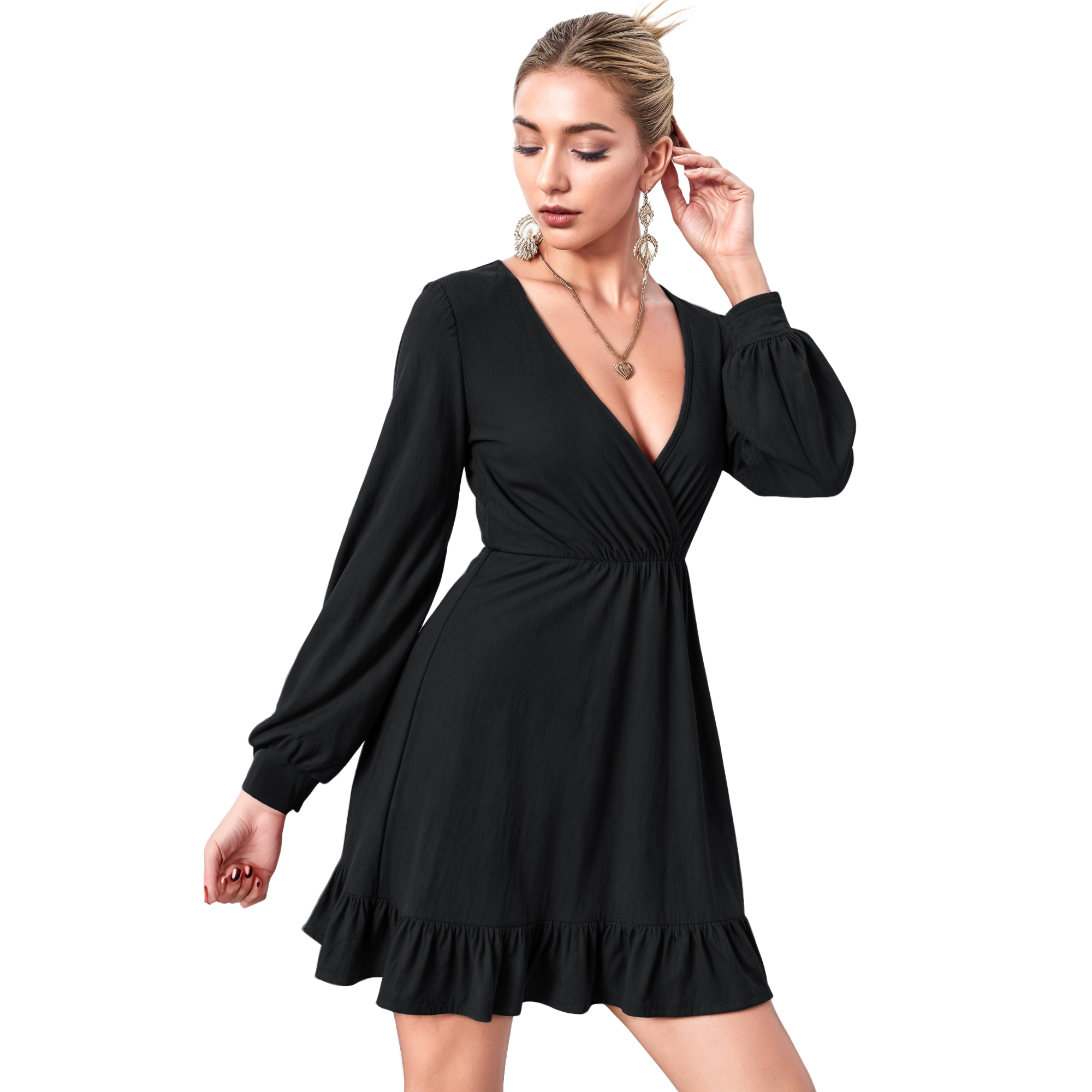 Vestido cruzado casual elegante noche corto, mujer dama xally 2314 manga larga amplia escote V olan.