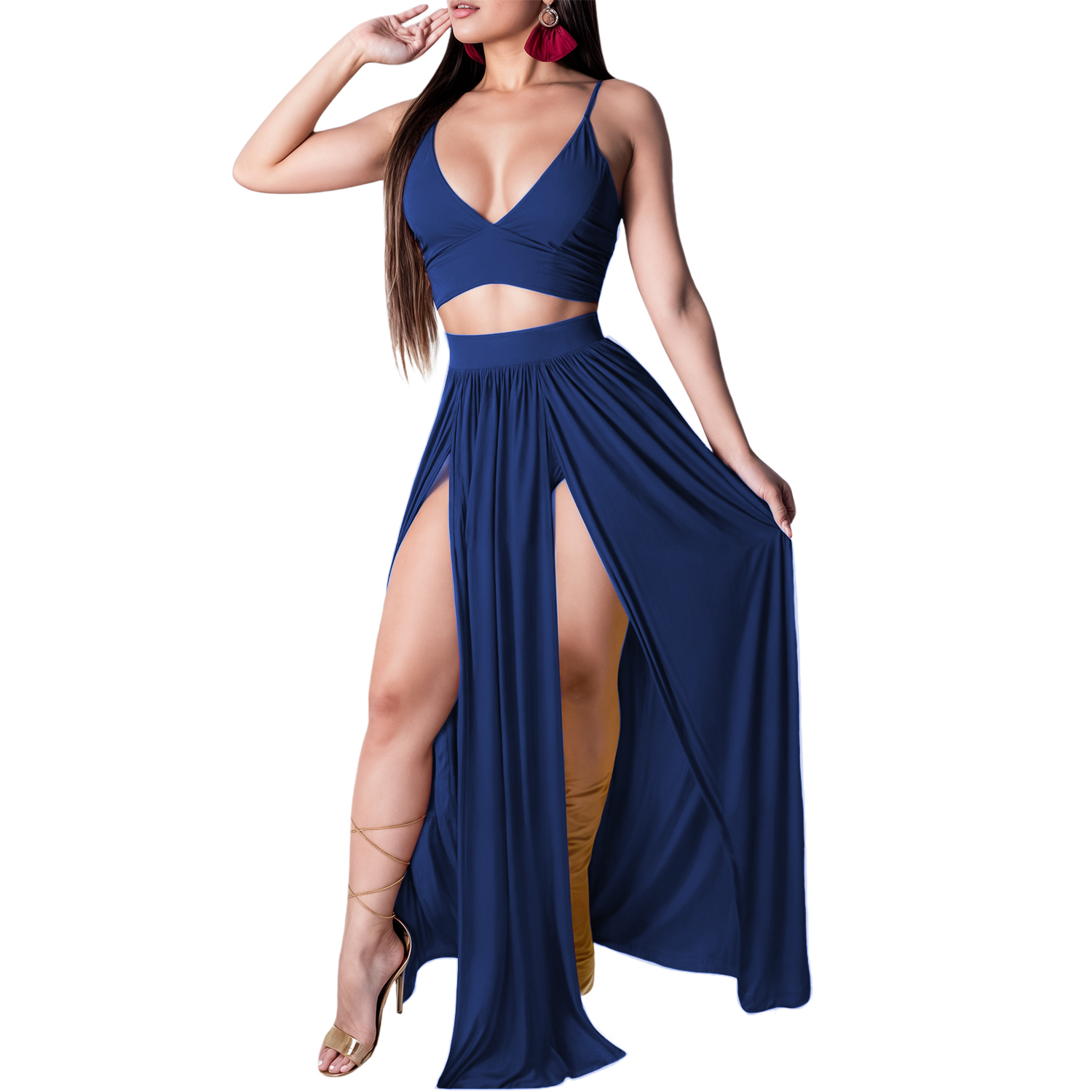 Conjunto de moda casual dama mujer xally 2333 falda abertura top doble forro tirantes.