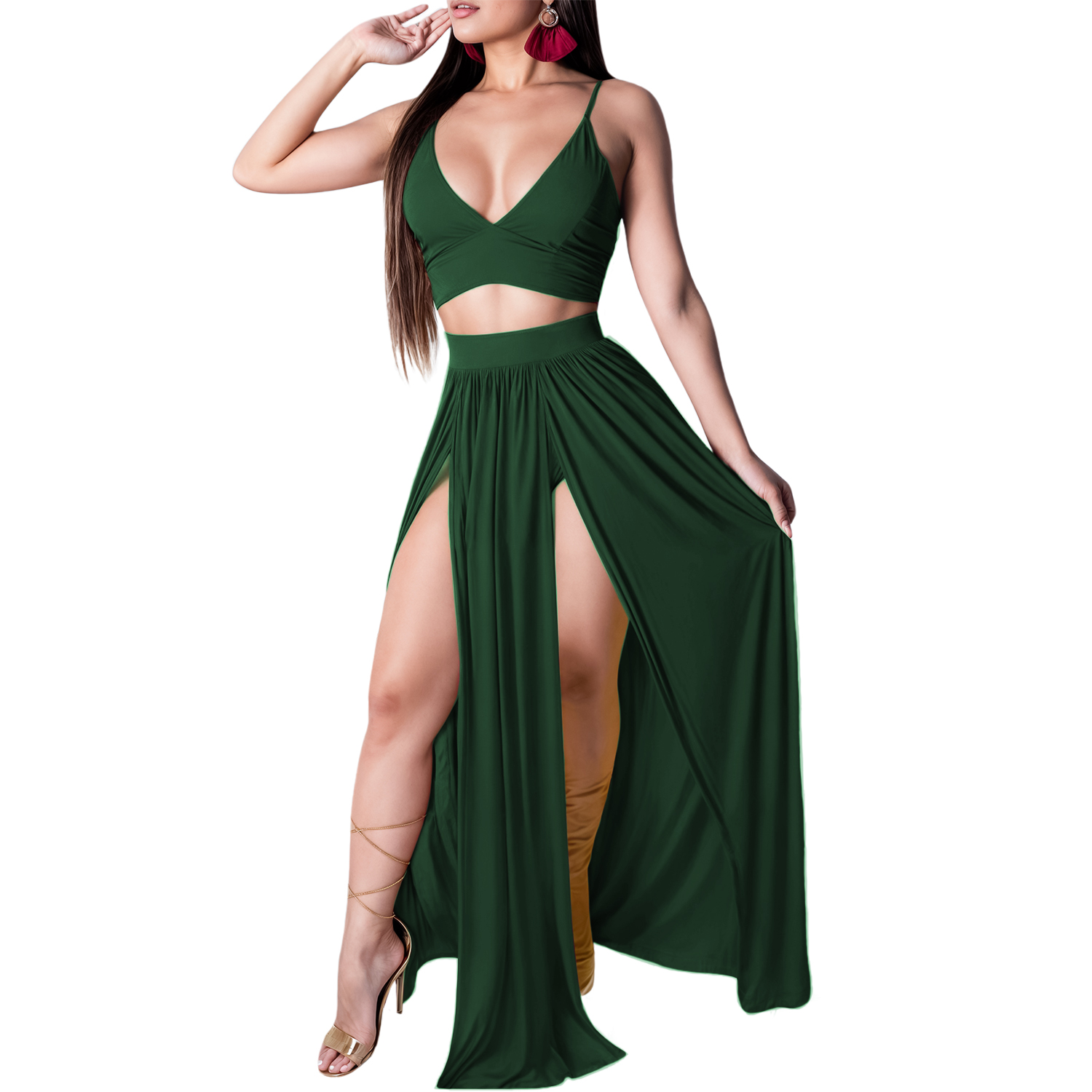 Conjunto de moda casual dama mujer xally 2333 falda abertura top doble forro tirantes.