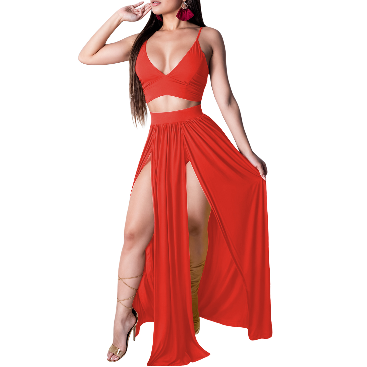 Conjunto de moda casual dama mujer xally 2333 falda abertura top doble forro tirantes.