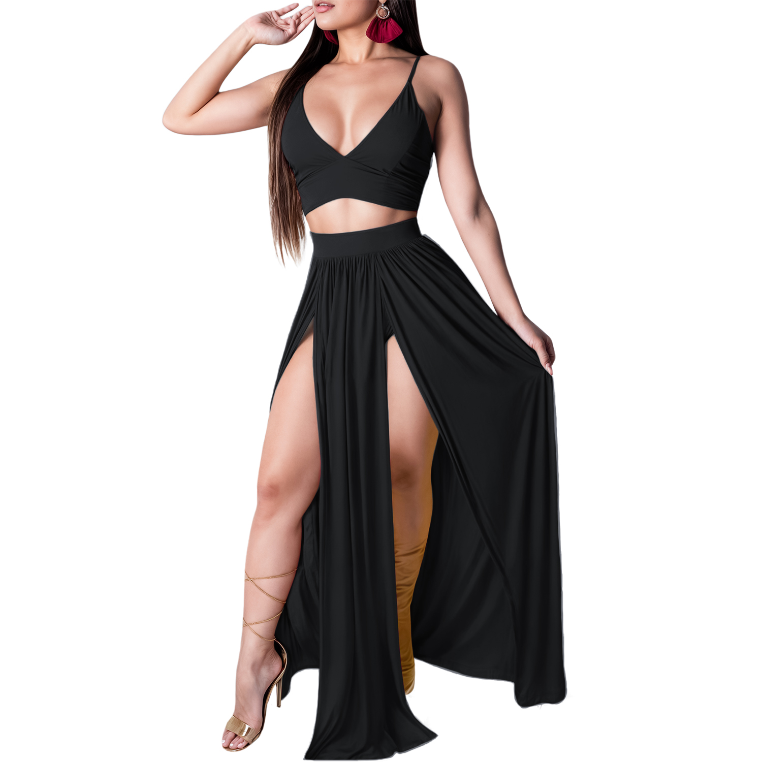 Conjunto de moda casual dama mujer xally 2333 falda abertura top doble forro tirantes.