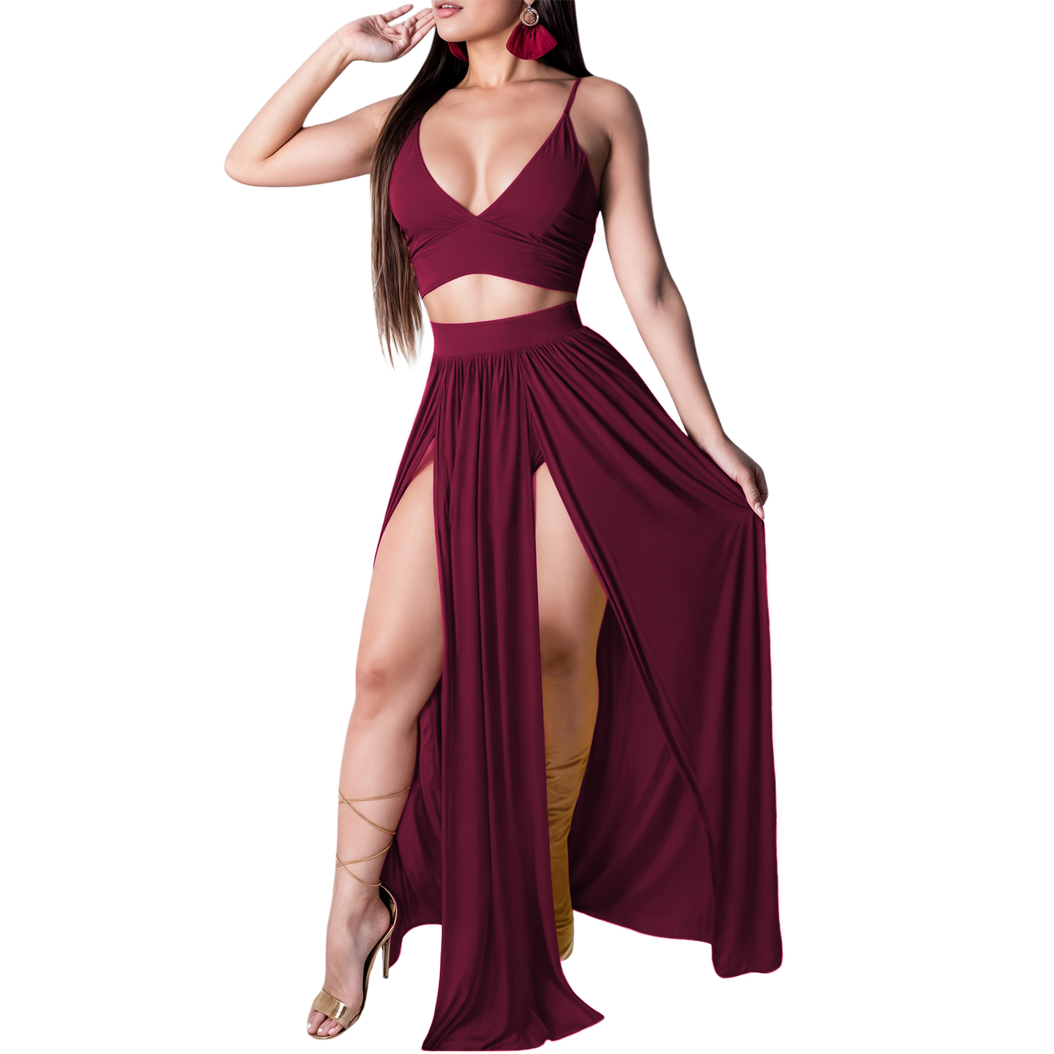 Conjunto de moda casual dama mujer xally 2333 falda abertura top doble forro tirantes.