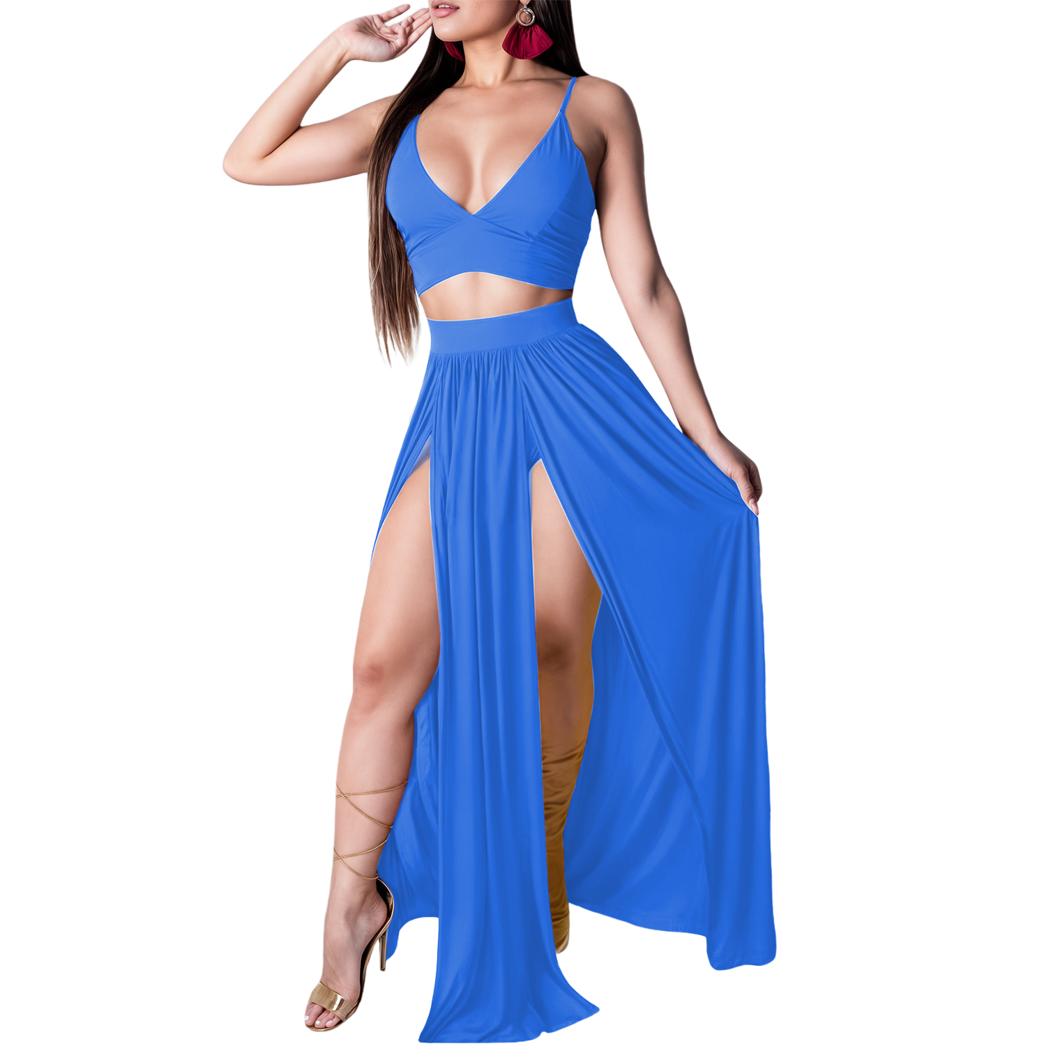 Conjunto de moda casual dama mujer xally 2333 falda abertura top doble forro tirantes.