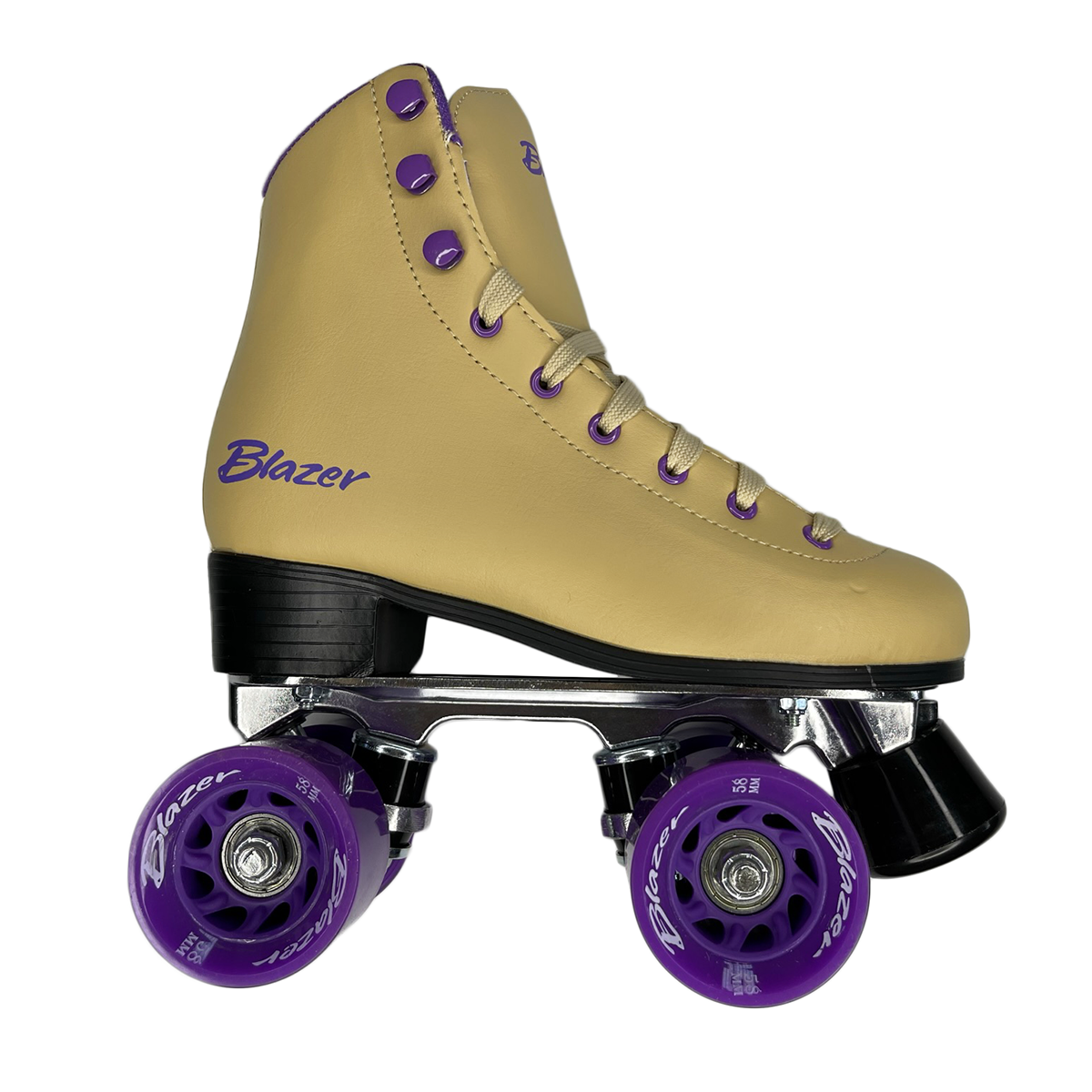 Patines Beige Clásicos con Riel de Aluminio con ruedas Moradas.