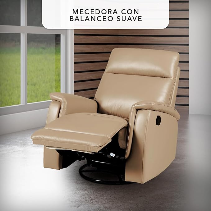 Sillón Reclinable Manual Giratorio y Mecedora de Piel color Beige Jake