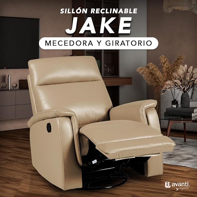 Sillón Reclinable Manual Giratorio y Mecedora de Piel color Beige Jake