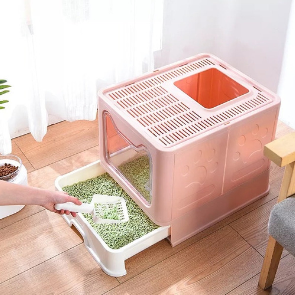 "Arenero Cerrado Para Gato Bandeja Sanitaria Antiolor + Pala Color Gris Claro "