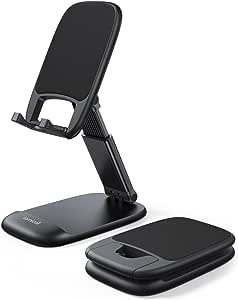 A Lamicall Plegable Soporte Celular Escritorio - Ajustable Base para Celulares Porta Celular Escritorio Accesorios Compatible iPhone 15/14/13/12/11 Pro MAX, Android, Redmi, 4-8'' Smartphone - Negro