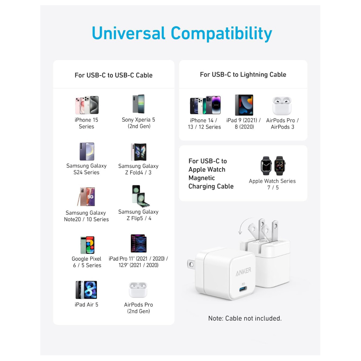 Cargador USB C 20W PD Anker PowerPort III patas plegables.