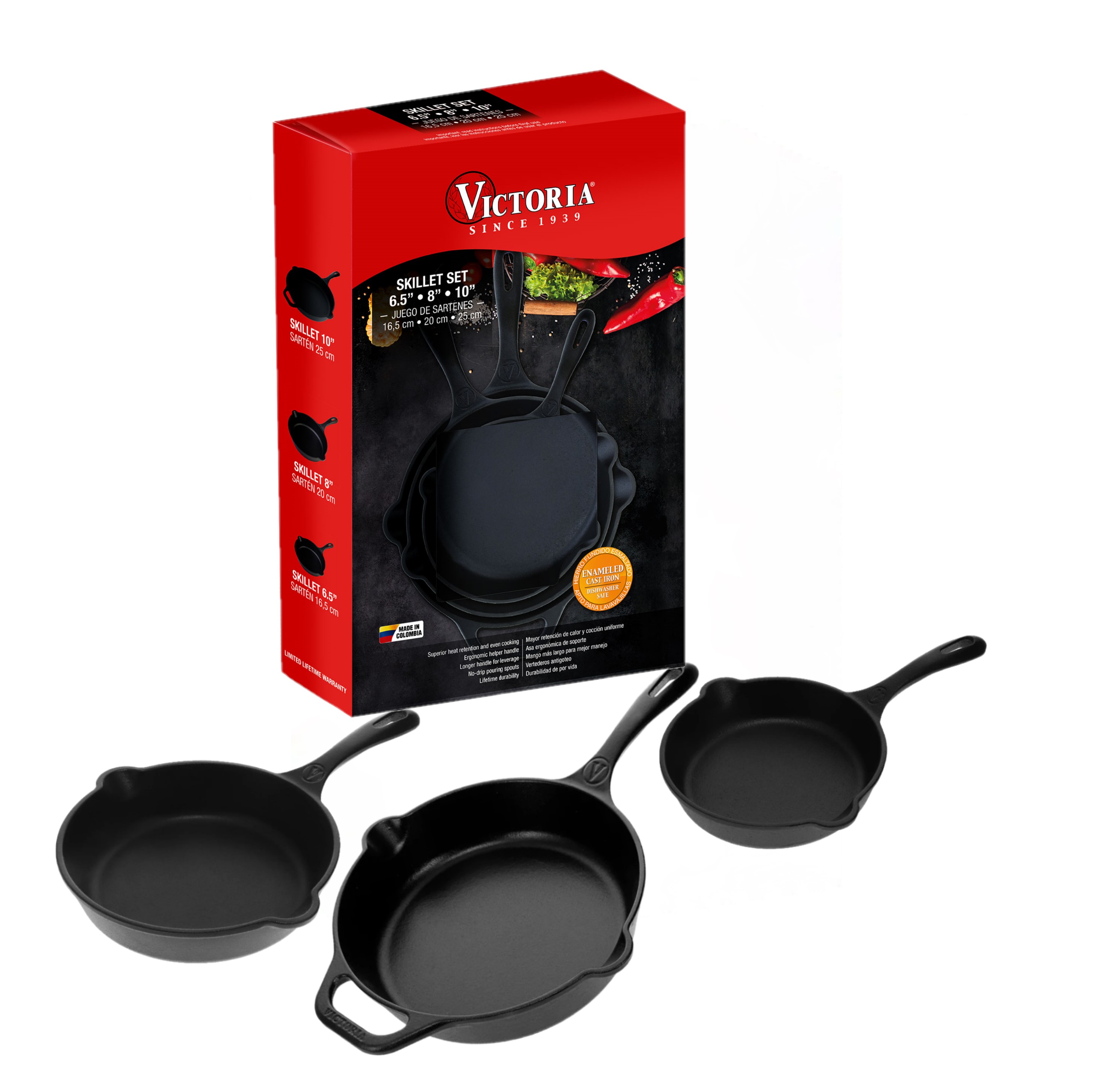 VICTORIA Combo x 3 Sartenes de 16 CM, 20 CM y 25 CM de Hierro Fundido Esmaltado