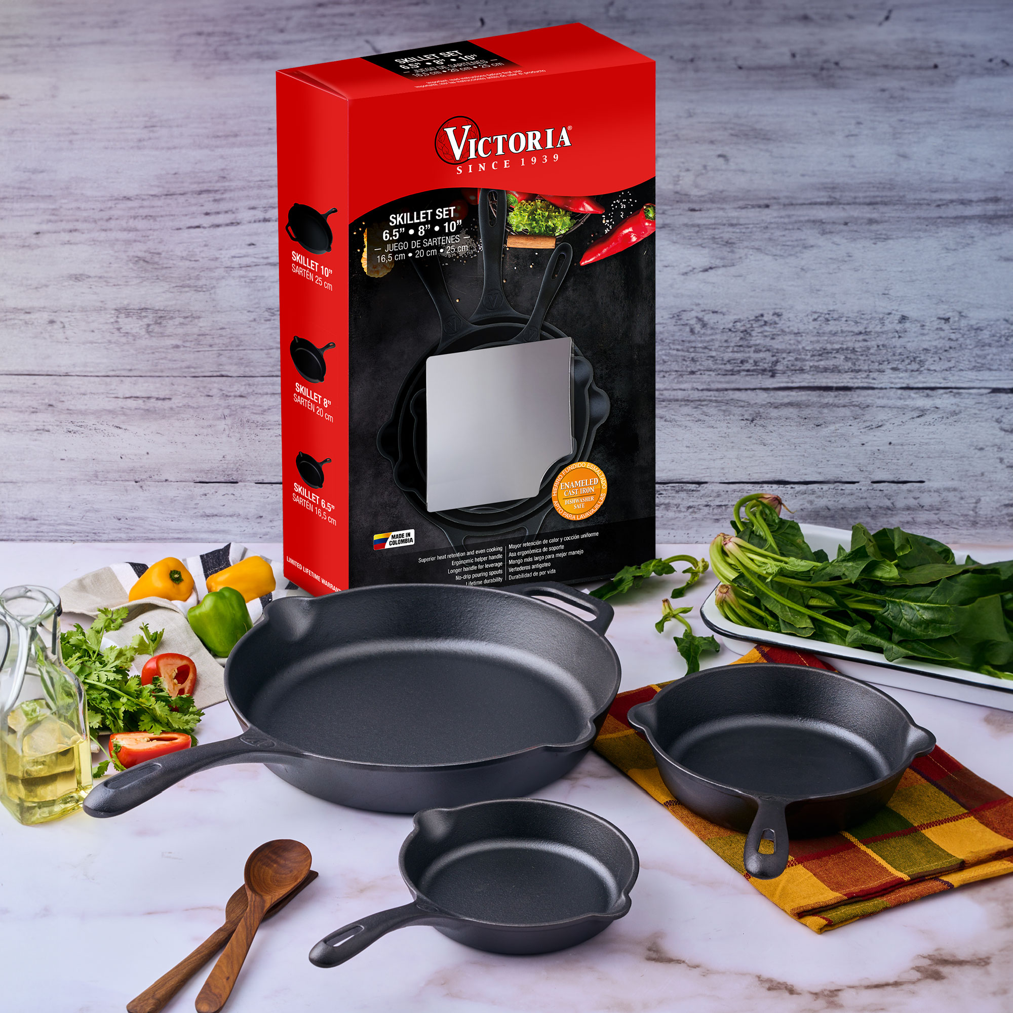 VICTORIA Combo x 3 Sartenes de 16 CM, 20 CM y 25 CM de Hierro Fundido Esmaltado