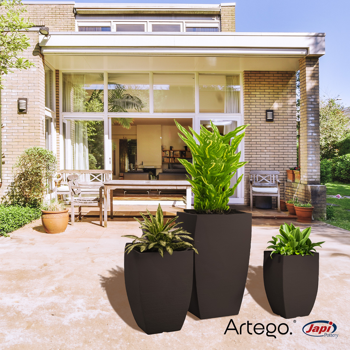 Maceta set de 3 piezas para exteriores grande 76-54-44cm MODERNA CUADRADA de Polietileno ultra ligera Artego Japi