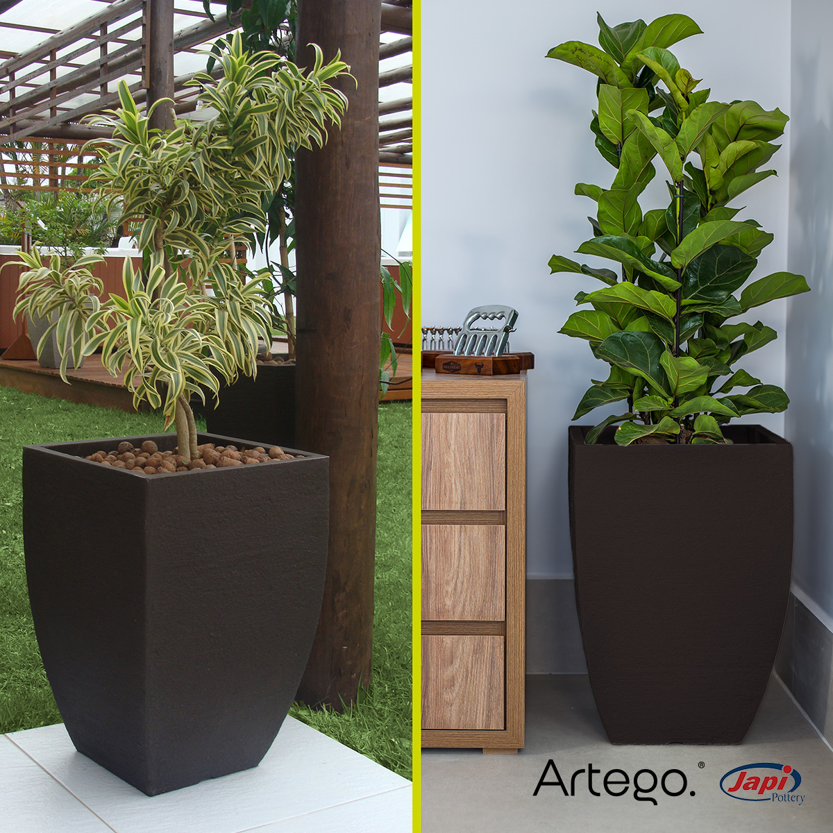 Maceta set de 3 piezas para exteriores grande 76-54-44cm MODERNA CUADRADA de Polietileno ultra ligera Artego Japi