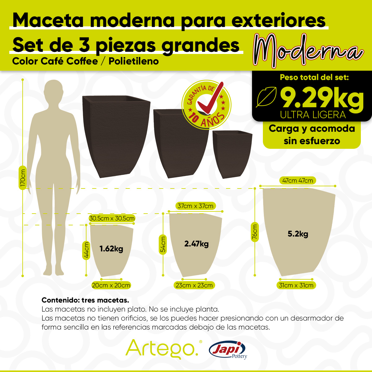 Maceta set de 3 piezas para exteriores grande 76-54-44cm MODERNA CUADRADA de Polietileno ultra ligera Artego Japi