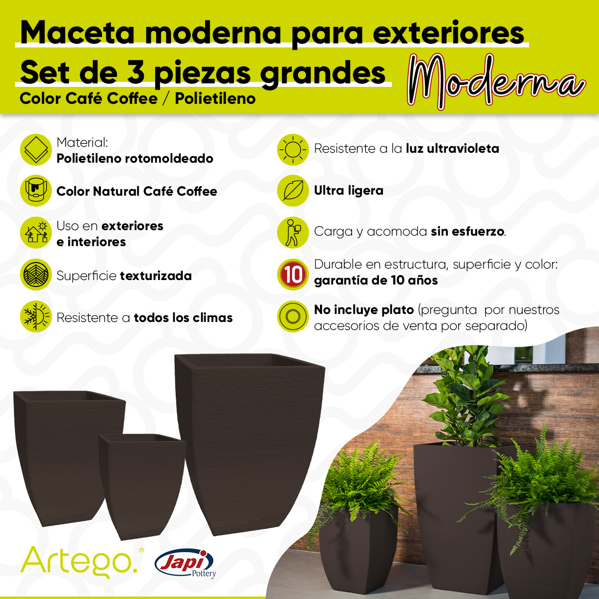 Maceta set de 3 piezas para exteriores grande 76-54-44cm MODERNA CUADRADA de Polietileno ultra ligera Artego Japi
