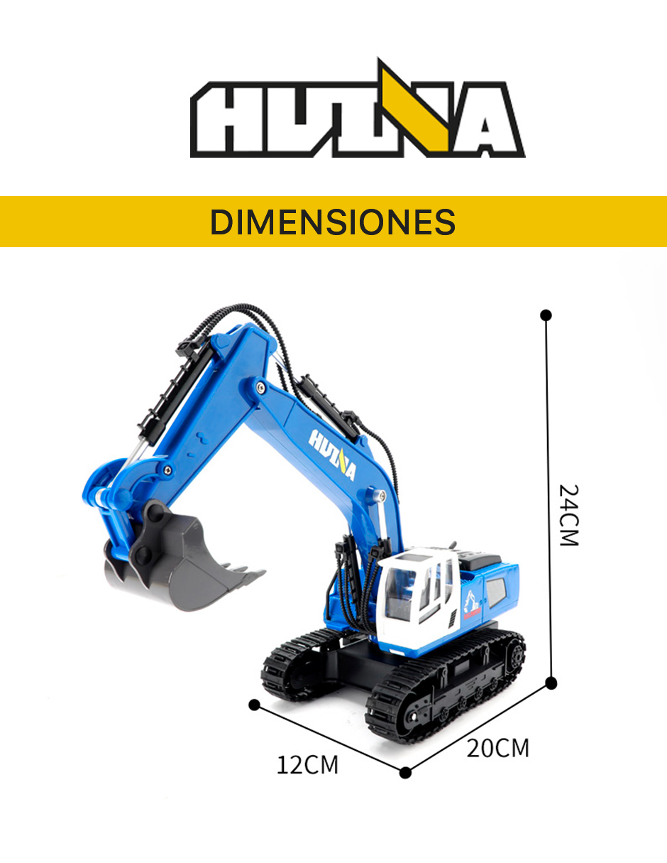 Excavadora a control remoto RC Huina 1558 azul Metal 1:18 11 canales 2.4Ghz Rc de construcción Retroexcavadora.