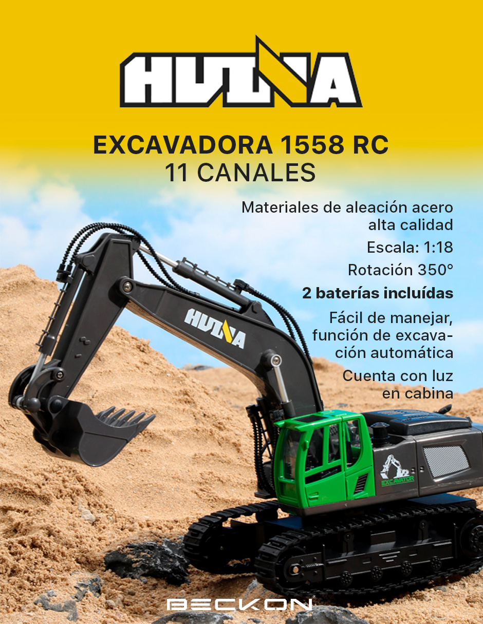 Excavadora a control remoto RC Huina 1558 verde Metal 1:18 11 canales 2.4Ghz Rc de construcción Retroexcavadora.