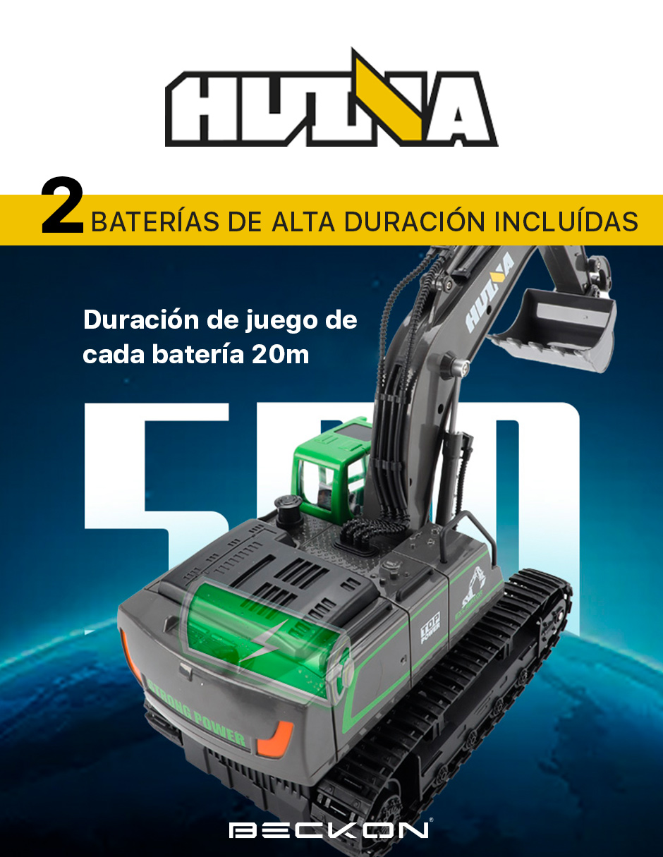 Excavadora a control remoto RC Huina 1558 verde Metal 1:18 11 canales 2.4Ghz Rc de construcción Retroexcavadora.