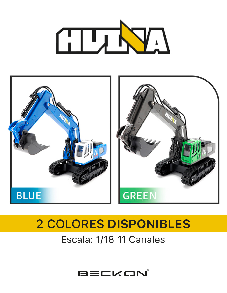 Excavadora a control remoto RC Huina 1558 verde Metal 1:18 11 canales 2.4Ghz Rc de construcción Retroexcavadora.