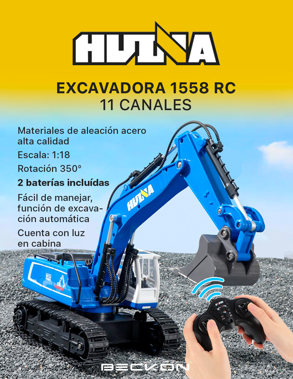 Excavadora a control remoto RC Huina 1558 azul Metal 1:18 11 canales 2.4Ghz Rc de construcción Retroexcavadora.