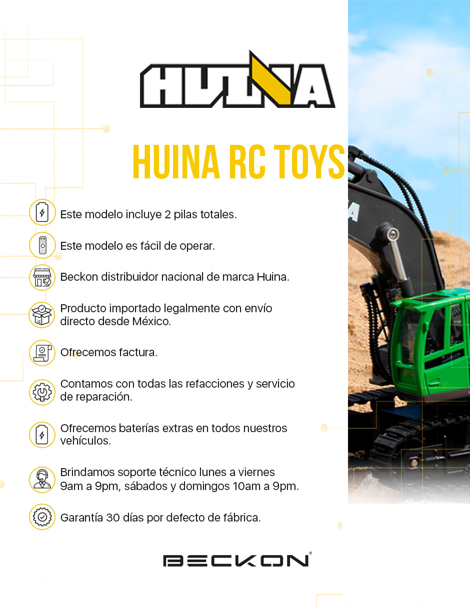 Excavadora a control remoto RC Huina 1558 verde Metal 1:18 11 canales 2.4Ghz Rc de construcción Retroexcavadora.