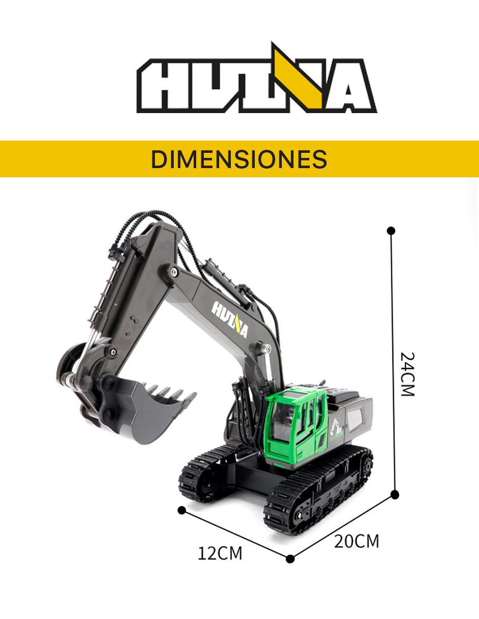 Excavadora a control remoto RC Huina 1558 verde Metal 1:18 11 canales 2.4Ghz Rc de construcción Retroexcavadora.