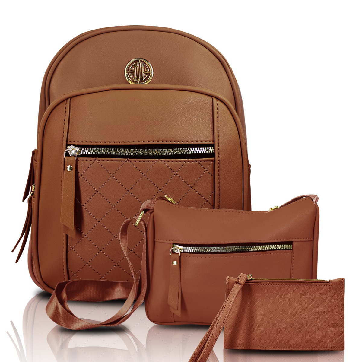 Combo Grenobil Mochila Pequeña Marron, Bolso Crossbody Y Cartera 
