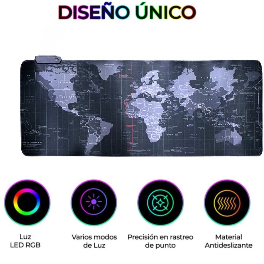 Mouse Pad Gamer Con Luz Led RGB Iluminado 90*40 CM diseño mapamundi.