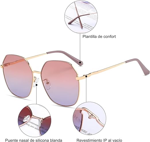 Lentes de sol mujer, Sebami Gafas De Sol de Moda de Metal anteojos de sol Gafas de protección UV Gafas de sol polarizadas perfecta para Conducción y Viajes