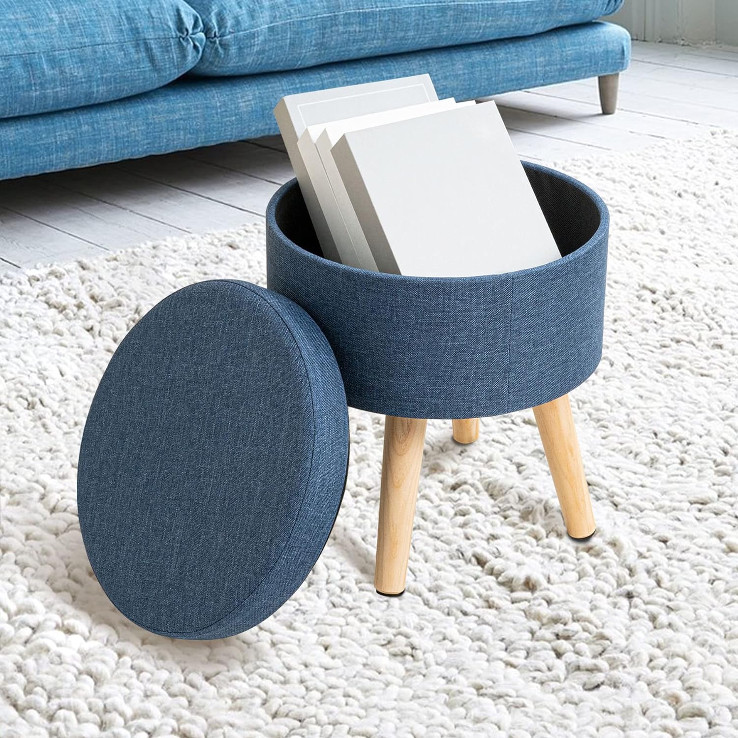 Banco Taburete Reposapiés Otomano De Almacenamiento (Azul)