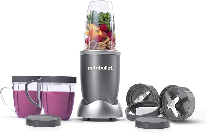 A NutriBullet NBR-1201 Sistema de licuadora/mezcladora de alta velocidad, 12 piezas, gris (600 vatios).