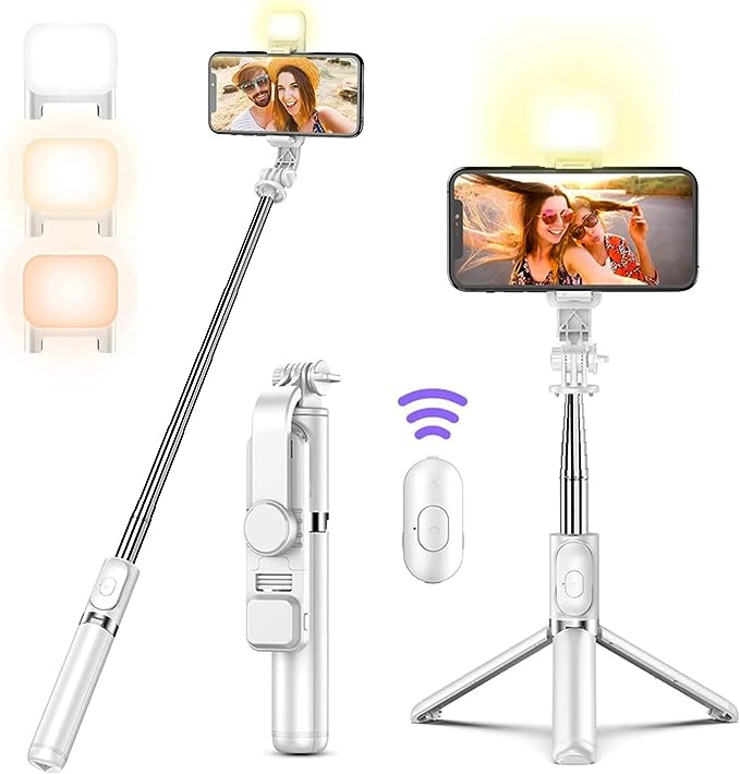 A Jesir Trípode Bluetooth Selfie Stick con Luz De Relleno, Soporte De Trípode Ligero De Viaje Extensible para Selfie, Transmisión En Vivo, Videoconferencia, Compatible con Todos Los Teléfonos (Blanco)