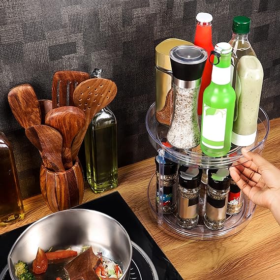 Organizador de acrílico giratorio de doble nivel para cocina.