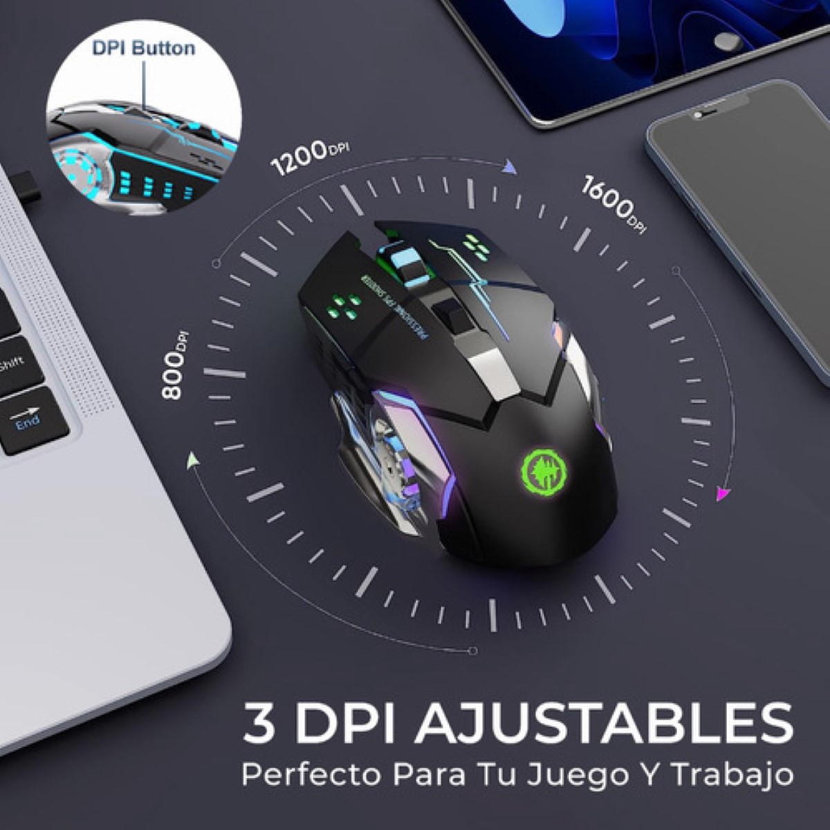 "Mouse Inalambrico Gamer Ergonomico 2.4g Bt Dual Modos Raton negro "