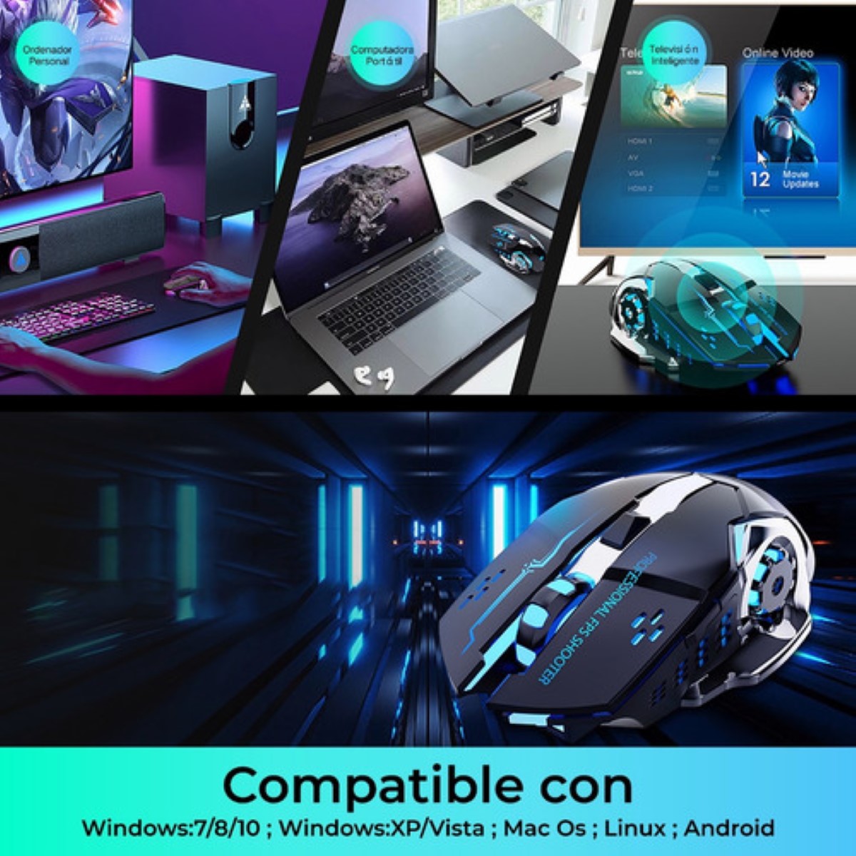 "Mouse Inalambrico Gamer Ergonomico 2.4g Bt Dual Modos Raton negro "
