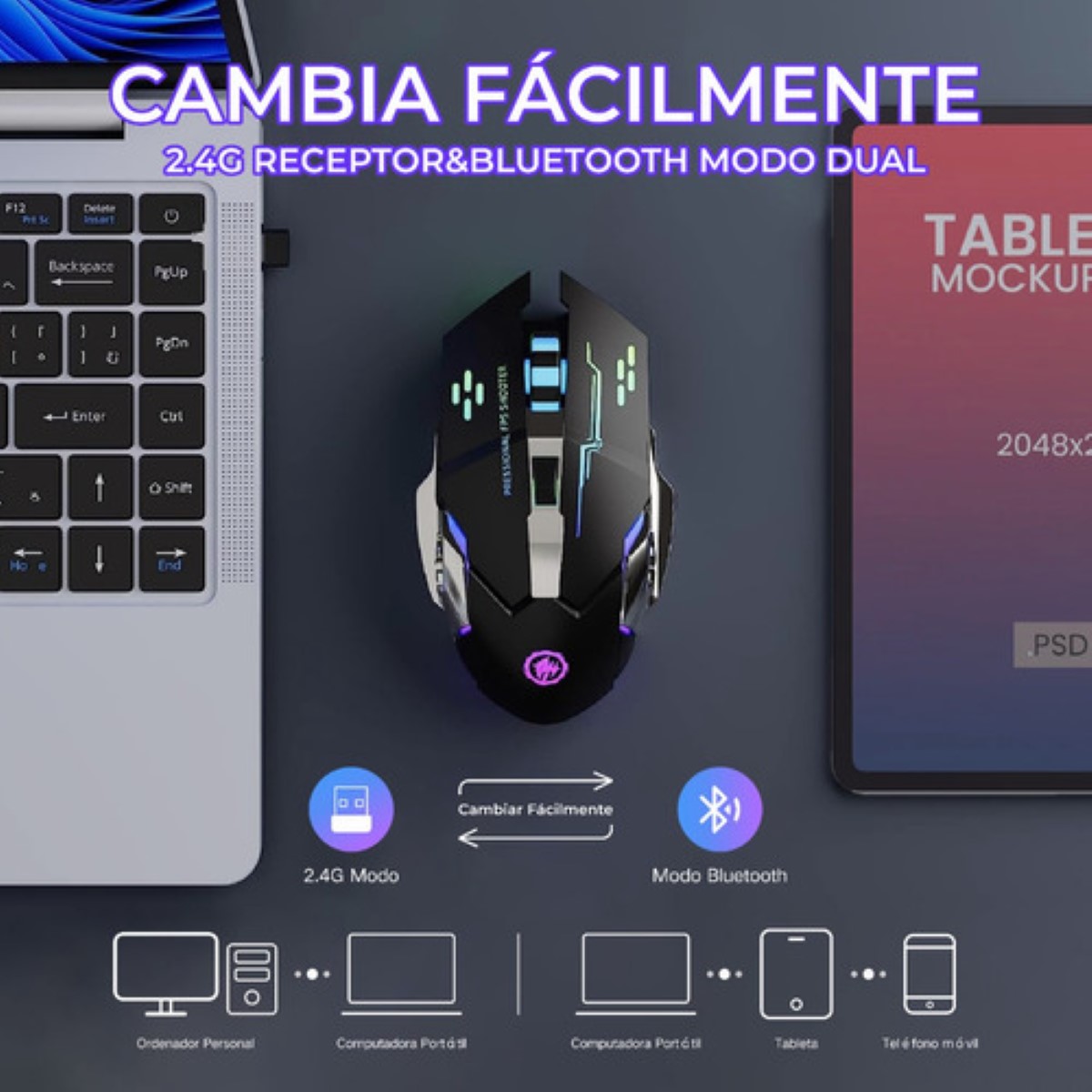 "Mouse Inalambrico Gamer Ergonomico 2.4g Bt Dual Modos Raton negro "