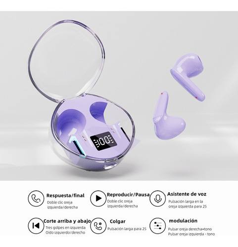 "Audifonos Inalambricos Auriculares Bluetooth Luz Led Lila "