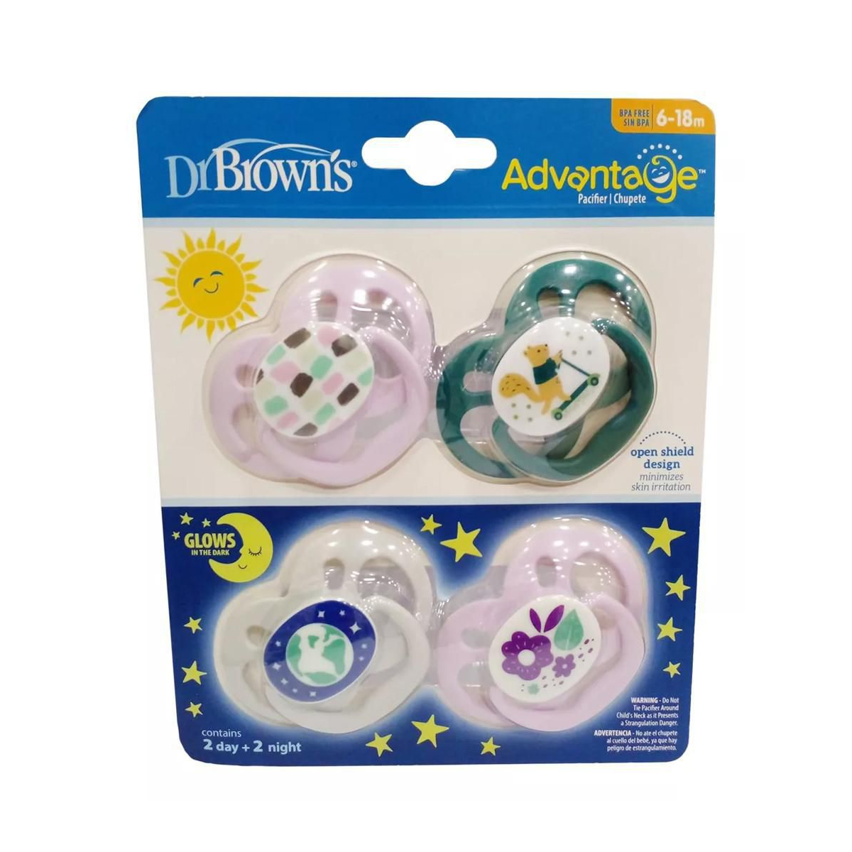 Chupón Dr Browns Advantage Day Night 6-18m 4pz Lila