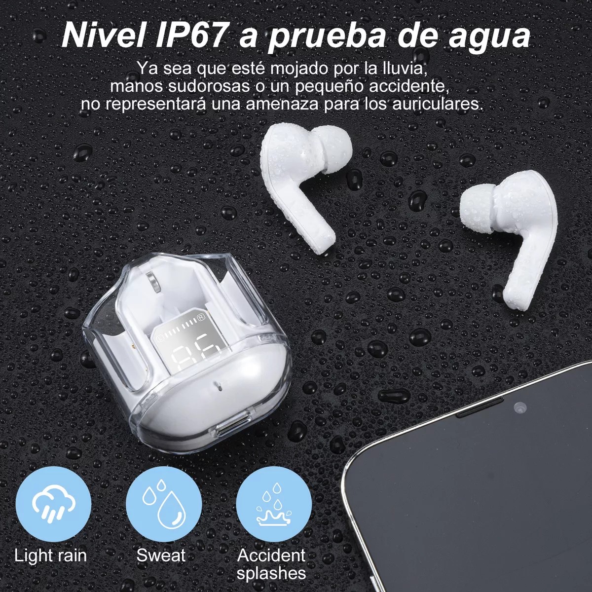 Audífonos Inalámbricos Bluetooth 5.3 Transparente Auriculares Microfono deportivos Música celular.