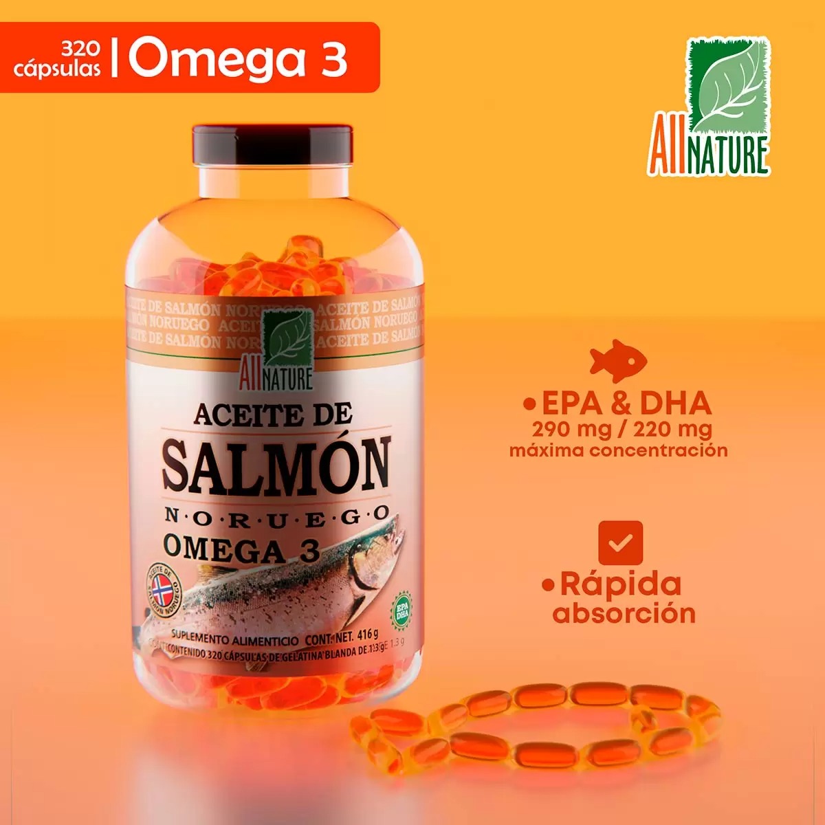 All Nature Aceite De Salmón Noruego Omega 3 Con 320 Cápsulas.