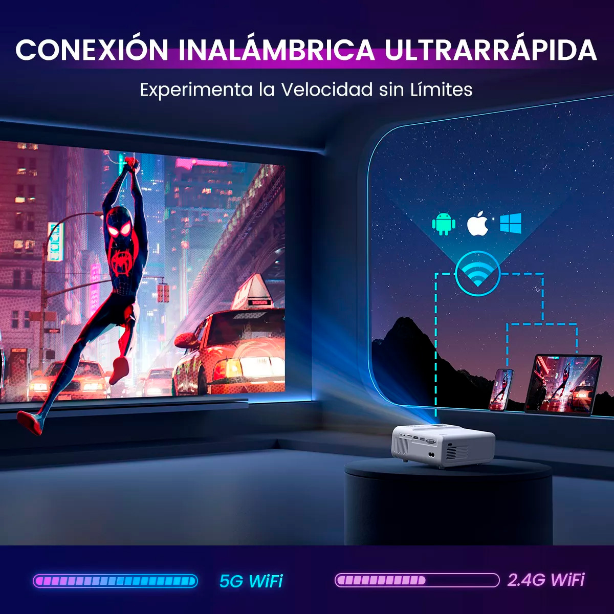 Proyector Portatil 4k con Wifi Android Led 13000 lm White