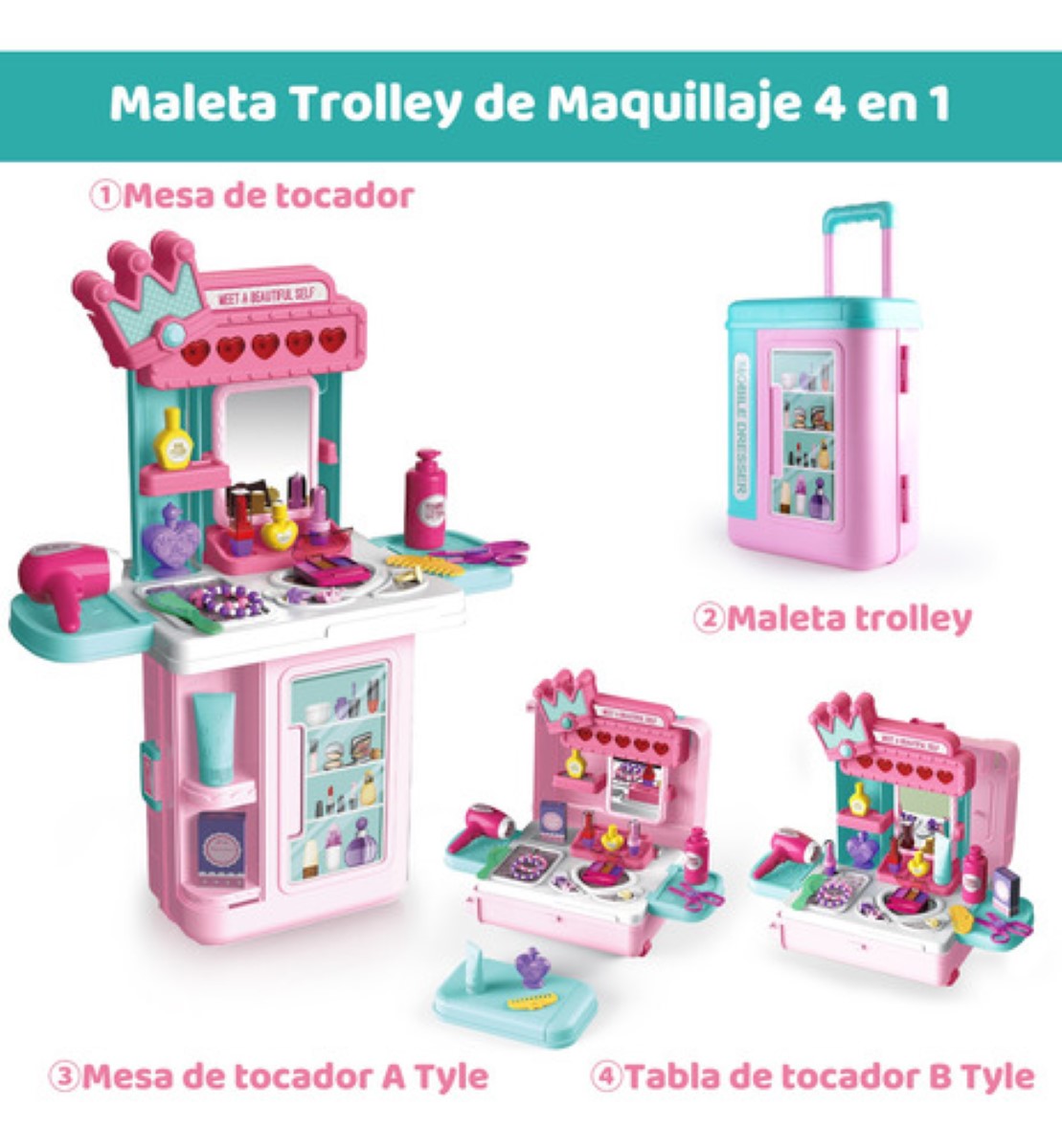 "Belleza Juguete Maquillaje Tocador Para Niñas 4en1 "