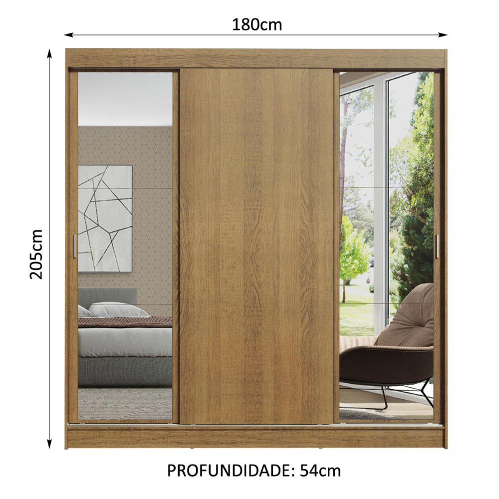 Ropero Closet Madesa Reno con 3 Puertas Corredizas 2 Espejos Rustic.