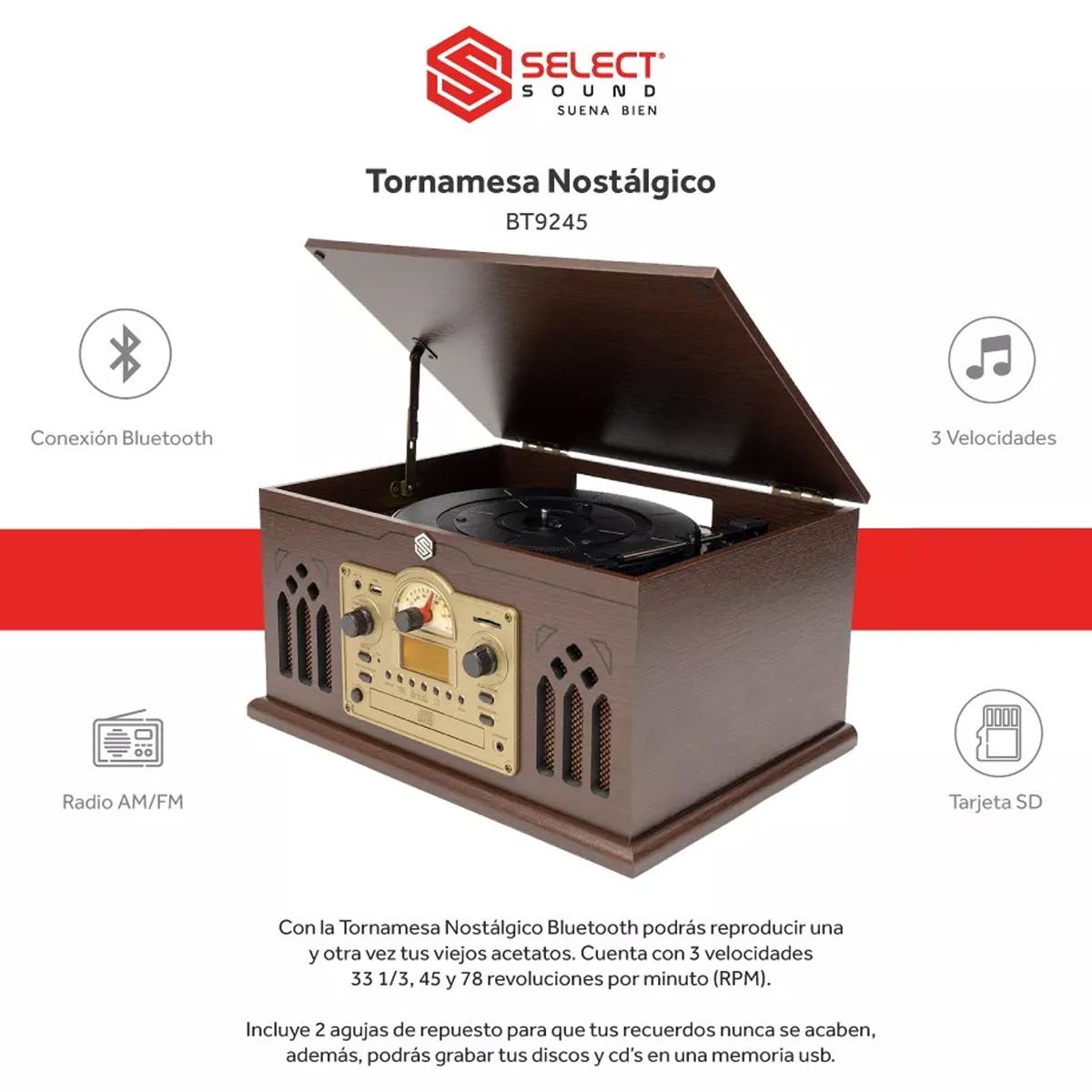 Tornamesa Nostalgico Select Sound LP, MP3, CD 