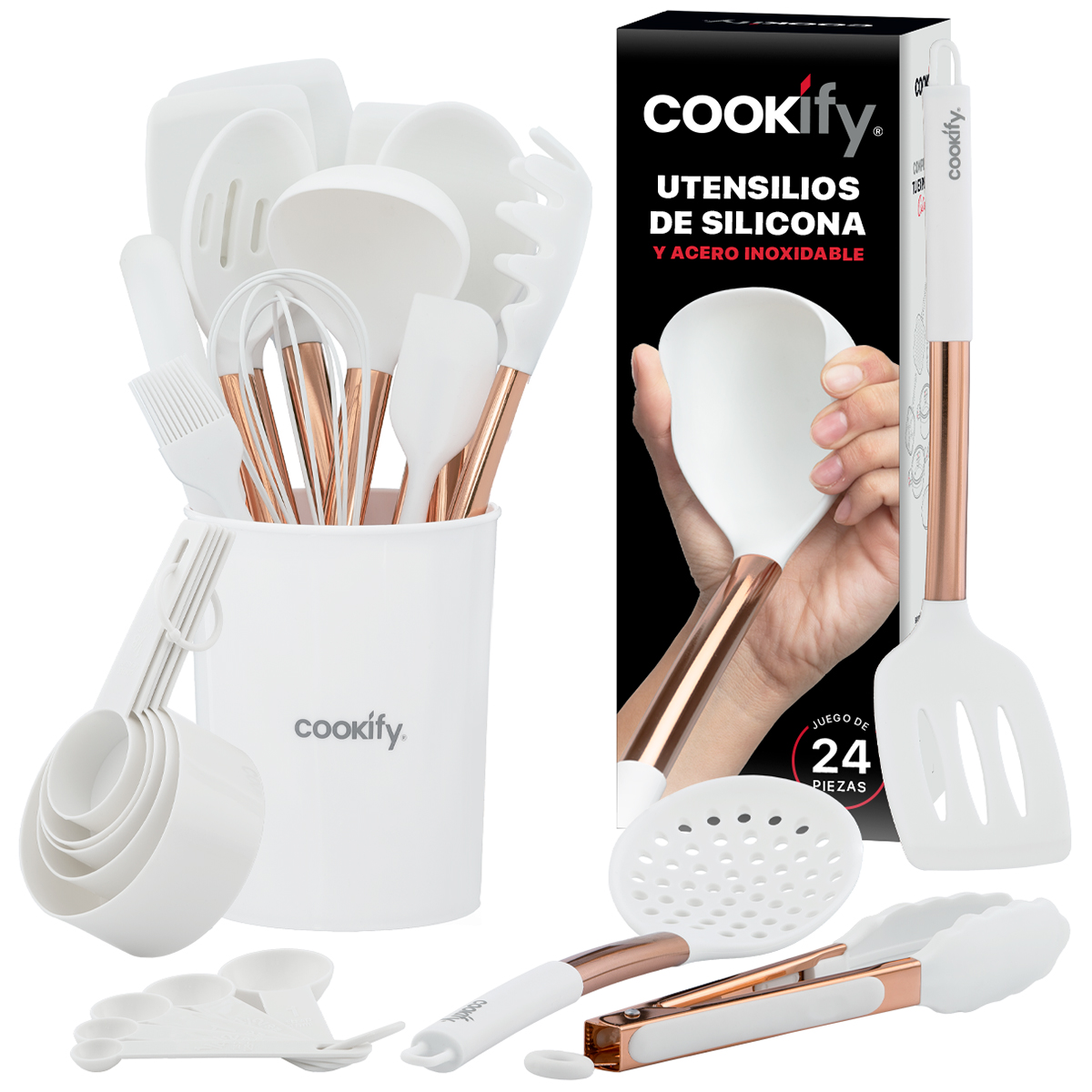 Set 24 pzas Utensilios de Cocina con Silicona y Acero Inoxidable Blanco / Oro Rosa Cookify