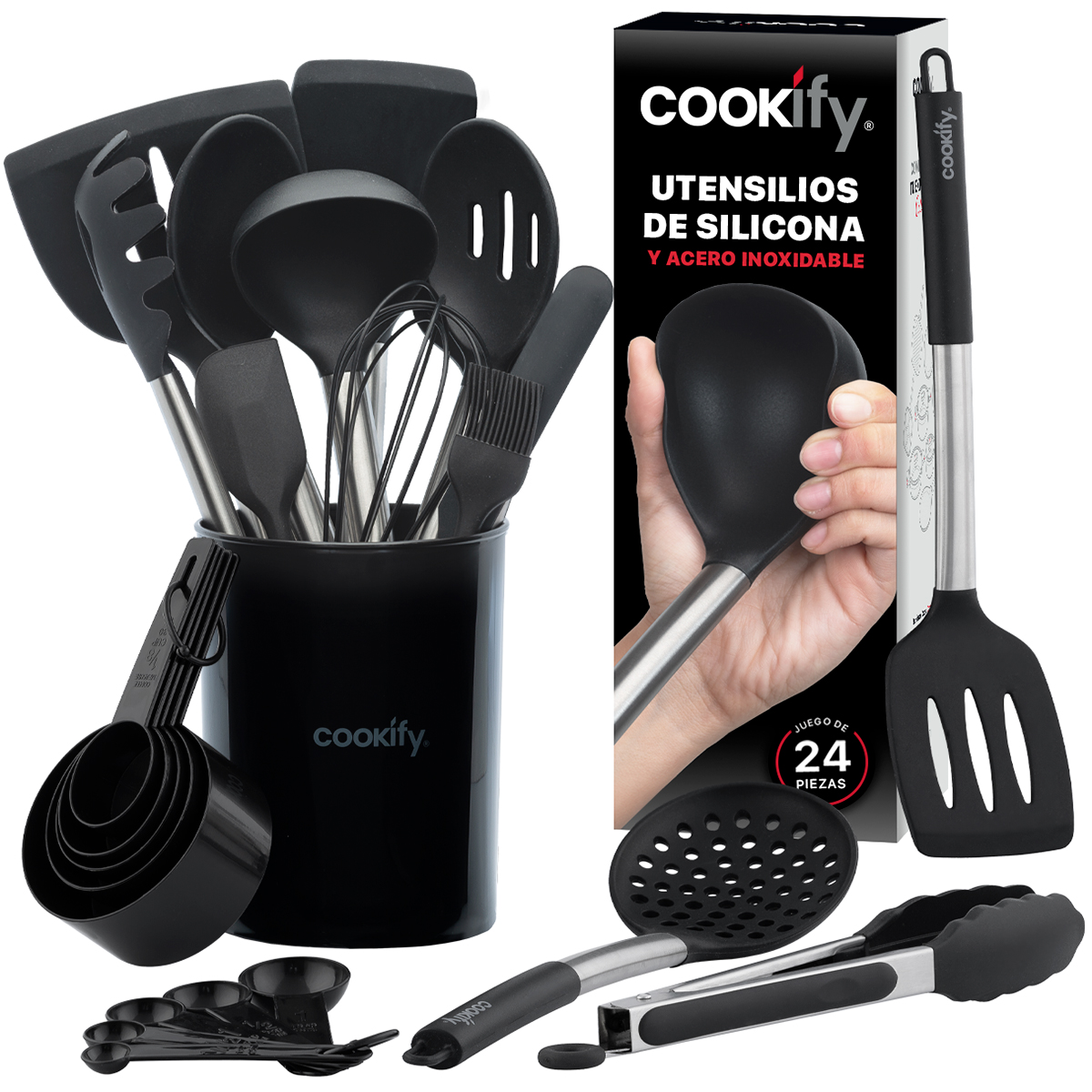 Set 24 pzas Utensilios de Cocina con Silicona y Acero Inoxidable Negro / Plateado Cookify