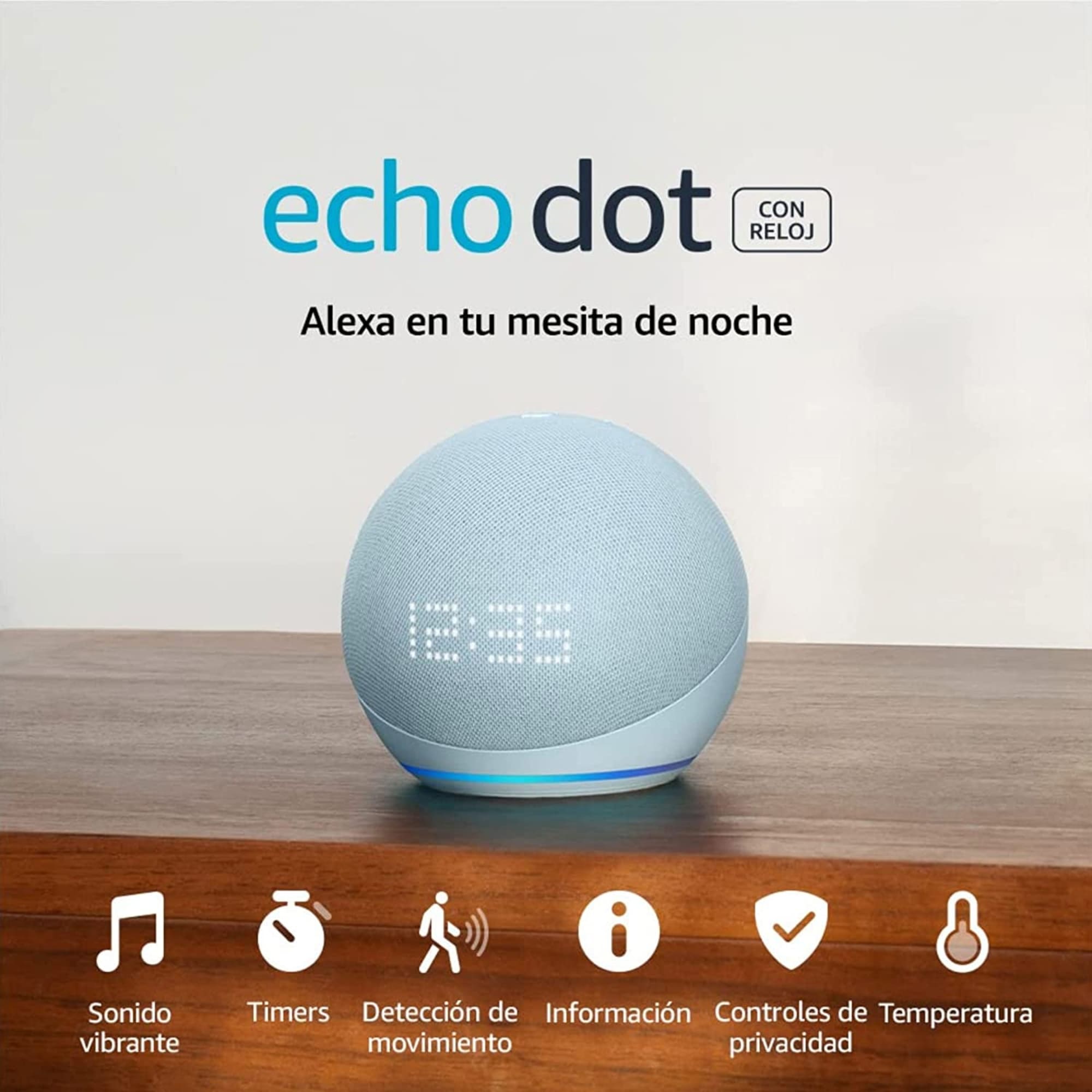 Amazon Echo Dot 5th Gen with Clock con asistente virtual Alexa, Cloud Blue.