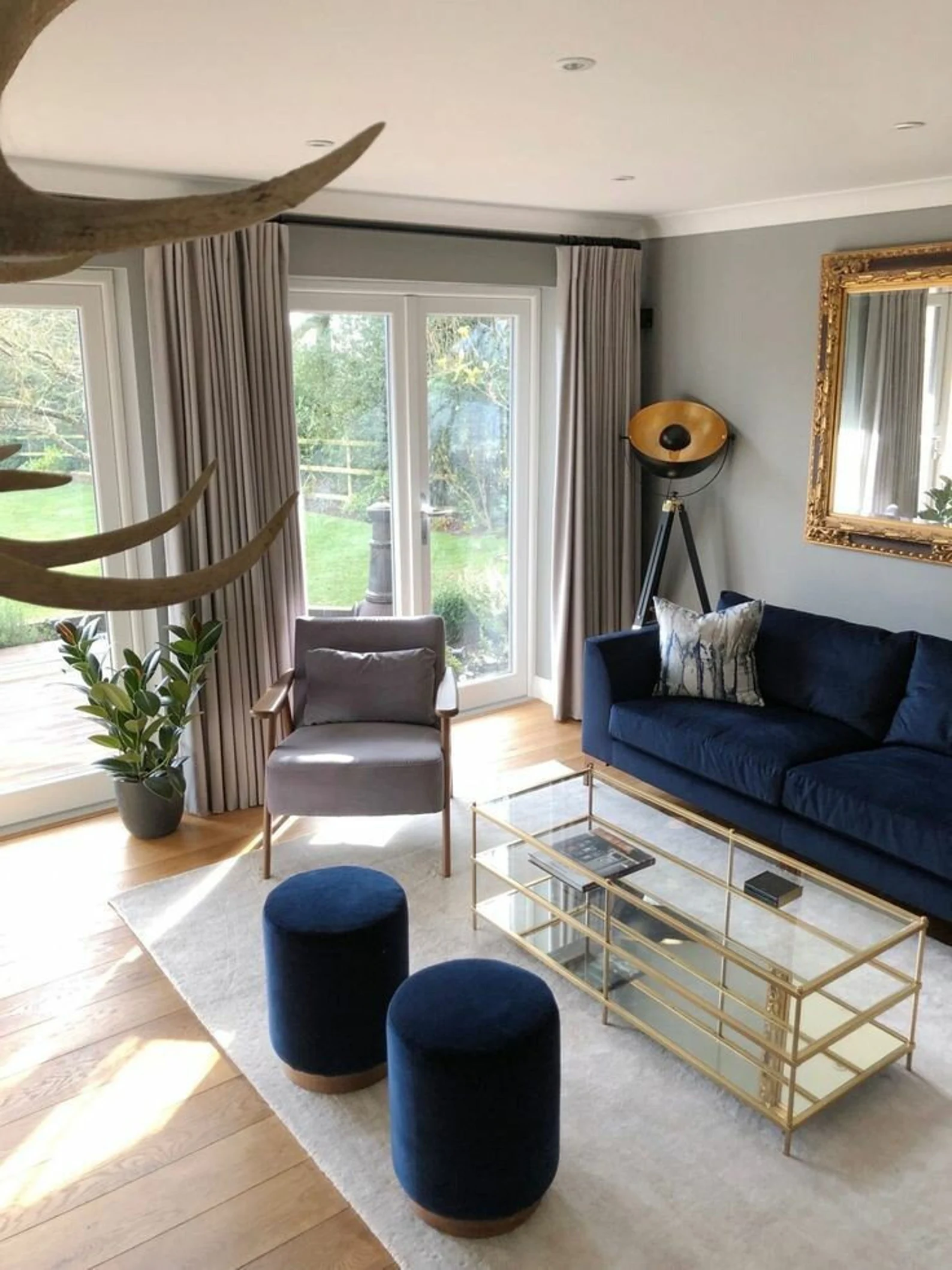 Banco Taburete De Terciopelo Tapizado Tipo Otomano (Azul)