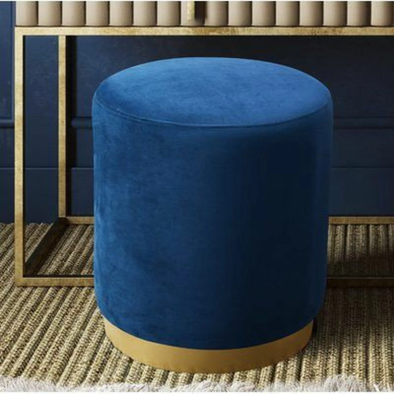 Banco Taburete De Terciopelo Tapizado Tipo Otomano (Azul)