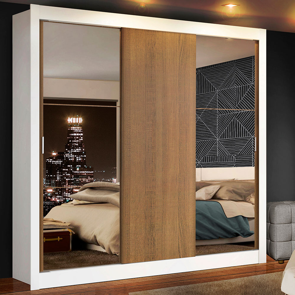 Ropero Closet Madesa Mônaco con 3 Puertas de Correr 2 Espejos Blanco/Rustic.